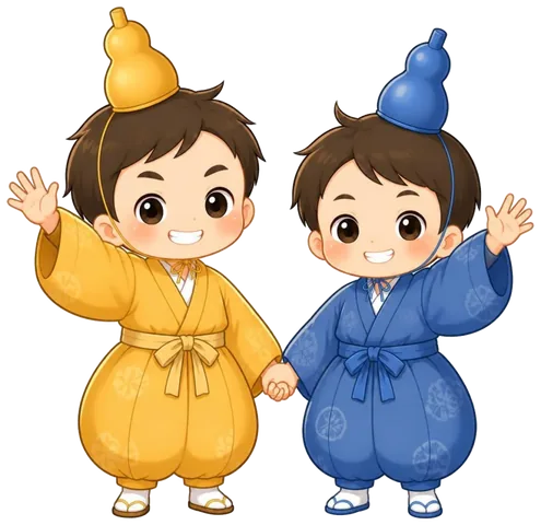 手をつなぐ、ひよしまる（左・金色の着物）とこいちろう（右・青い着物）